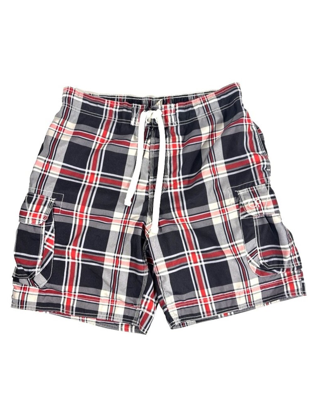 OP Swim Trunks Shorts Mens Large 36-38 Black Red Plaid Board Shorts Pockets Logo